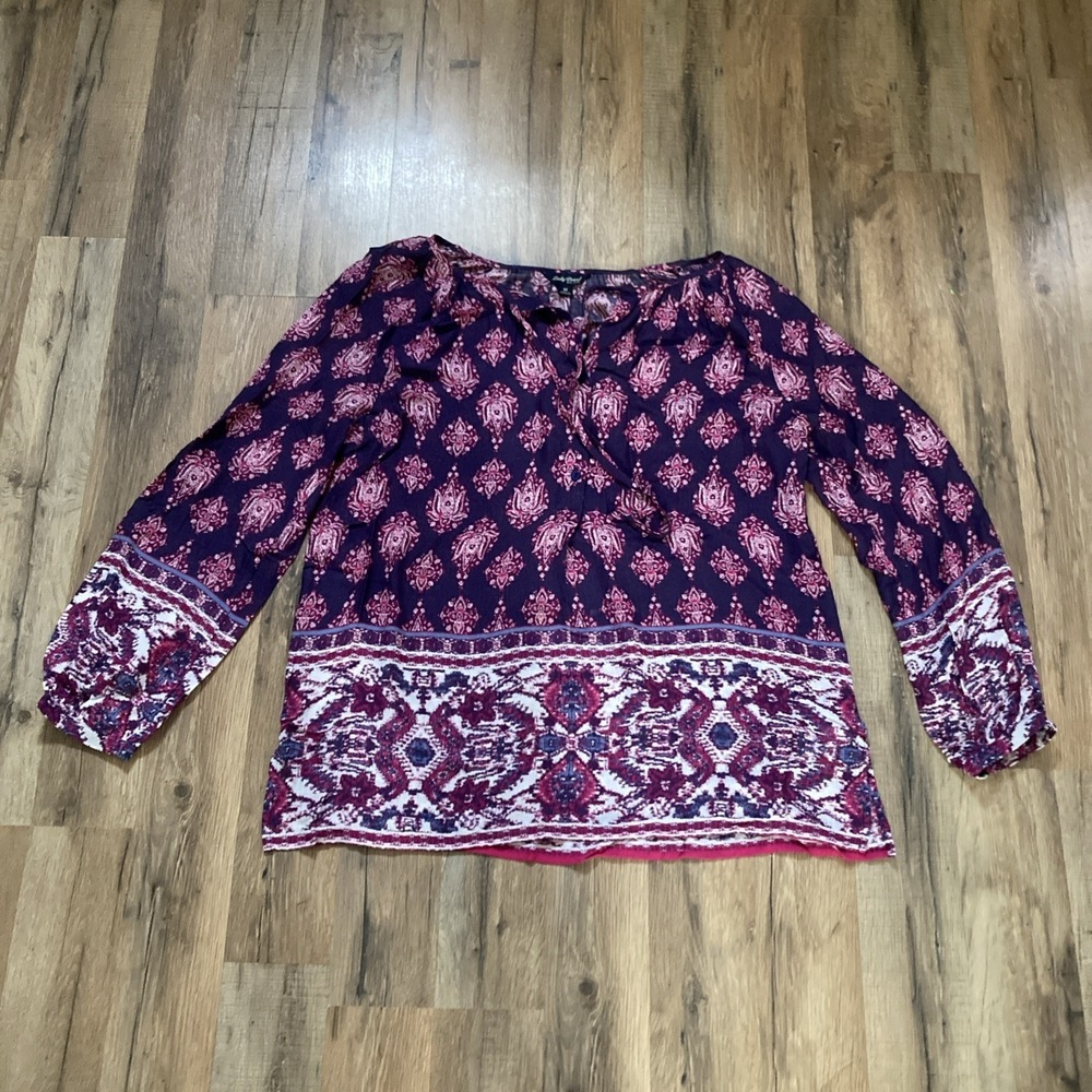 Lucky Brand Floral Blouse Women's Medium V-Neck Blue Purple Boho Tunic